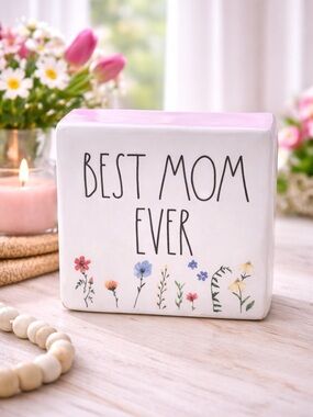 NEW Rae Dunn “BEST MOM EVER” Ceramic Block Floral Mother’s Day Decor